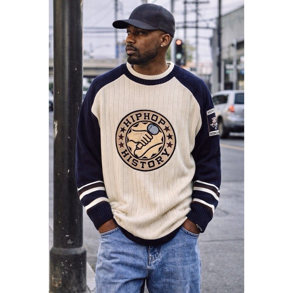 Hip Hop History Graphic Y2K Ribbed Knit Sweater Mens Colorblock Raglan Size XL - Picture 2 of 10